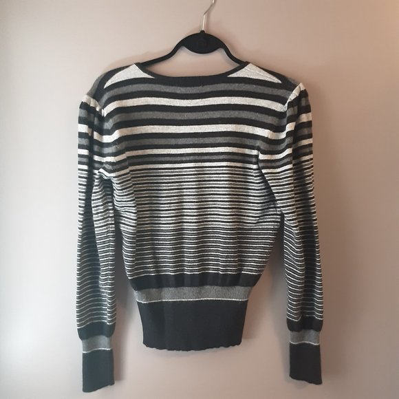 CYC Black White Grey Striped V-neck Sweater, Cotton Cashmere Blend | Med - Picture 7 of 14